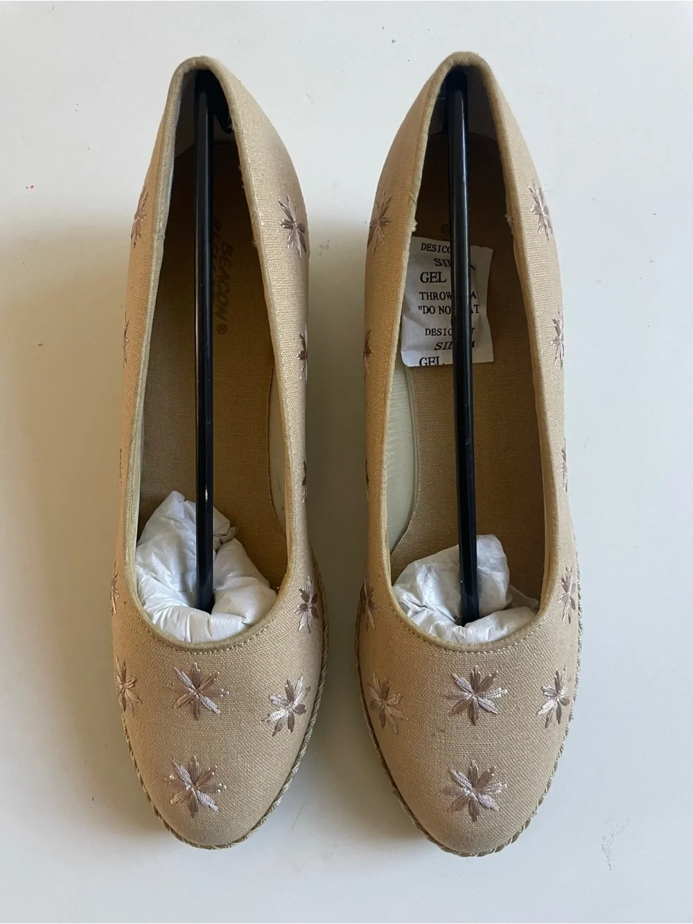 Neutral Embroidered Espadrille Wedge Pumps - Tan